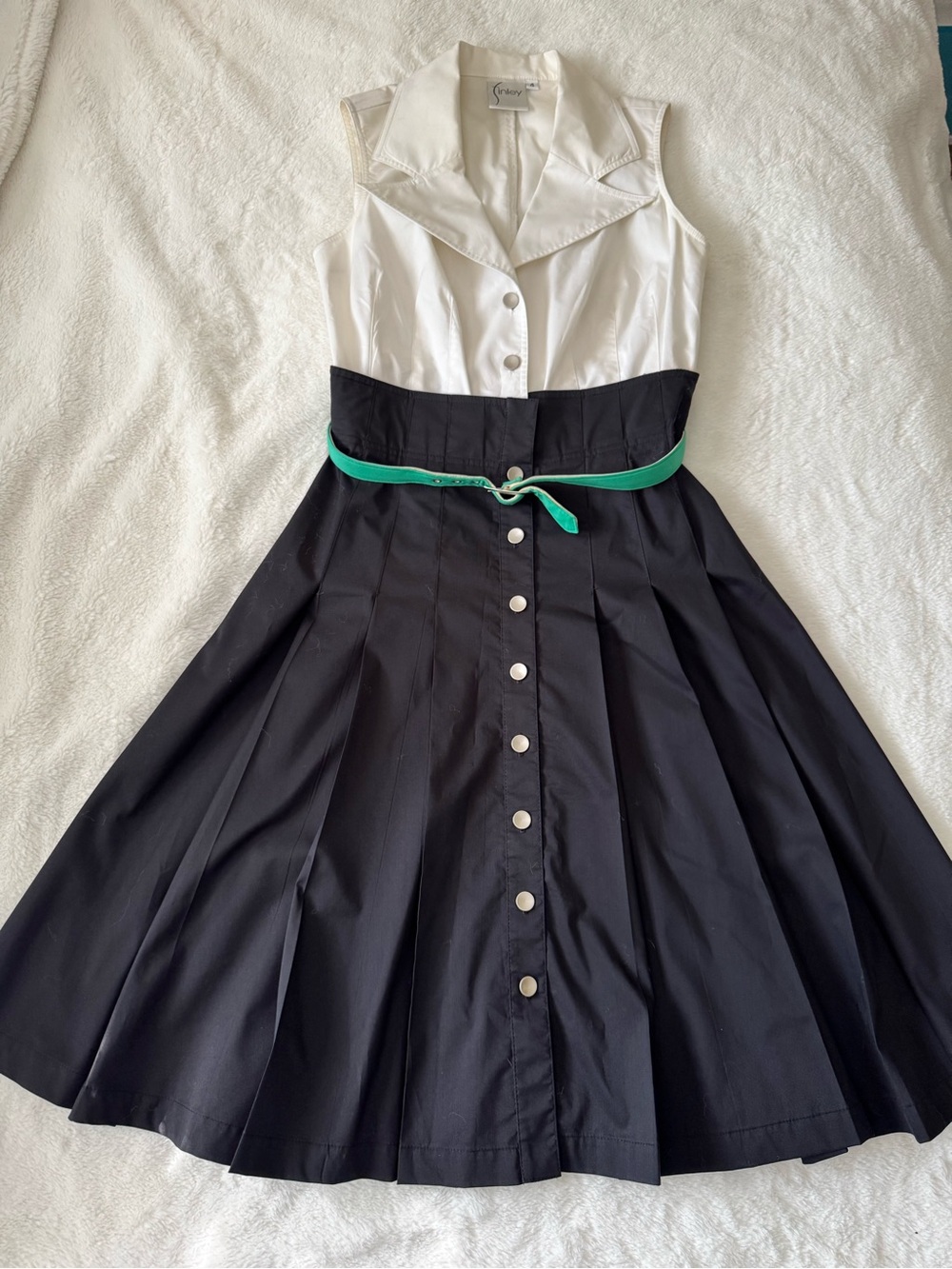 Finley Black & White Midi Dress with Green Belt
